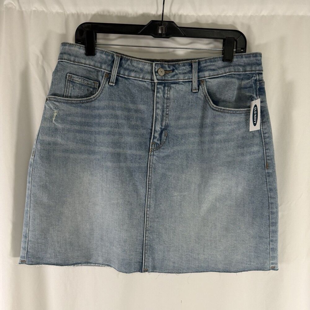 New Old Navy Denim Skirt Women's 12 Light Wash Blue Raw Hem Pockets Cotton Blend